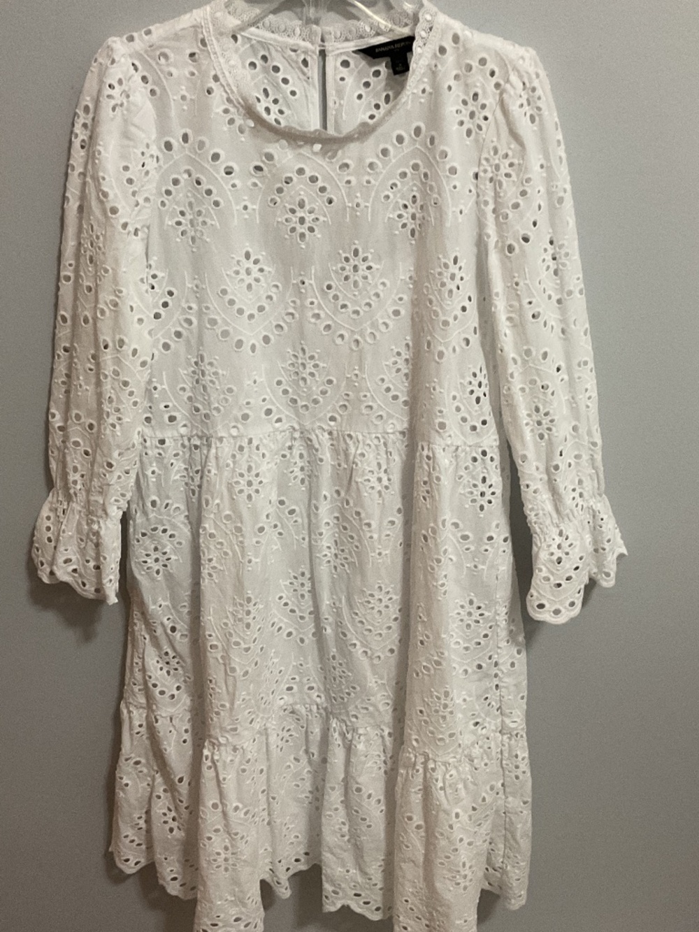 NWOT Banana Republic White LS Eyelet Lined Tiered Dress, Petite Small